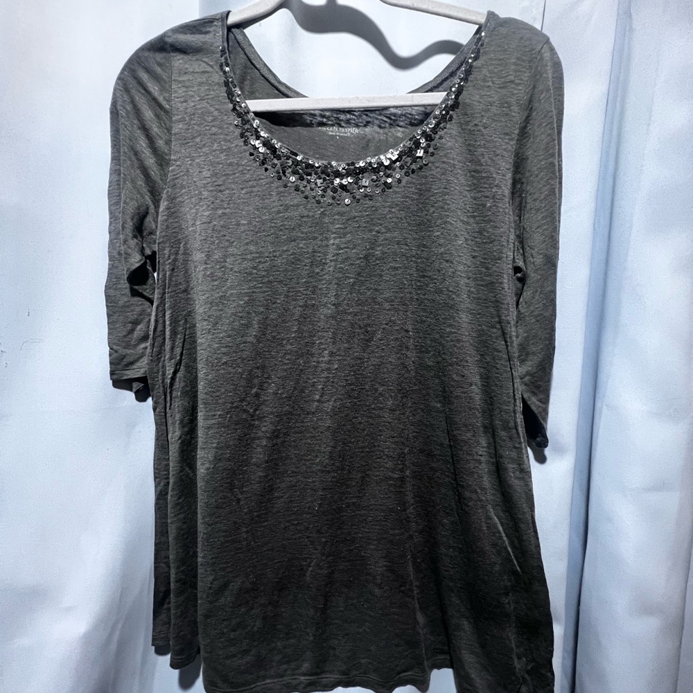 Eileen Fisher Charcoal Linen Embellished Scoop Neck Top Sz M - Picture 2 of 5